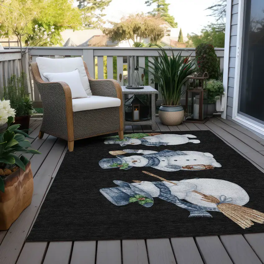 Black Denim Blue And Ivory Snowmen Washable Indoor Outdoor Area Rug Photo 8