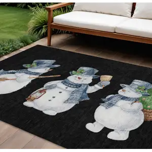 Photo of Black Denim Blue And Ivory Botanical Leaves Washable Indoor Outdoor Area Rug