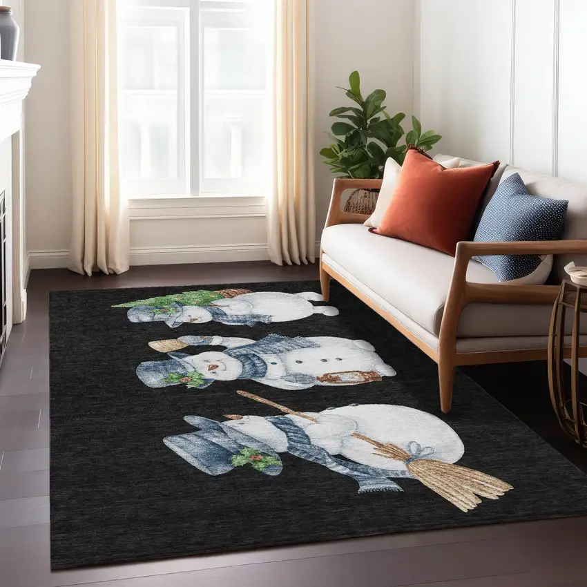 Black Denim Blue And Ivory Snowmen Washable Indoor Outdoor Area Rug Photo 7