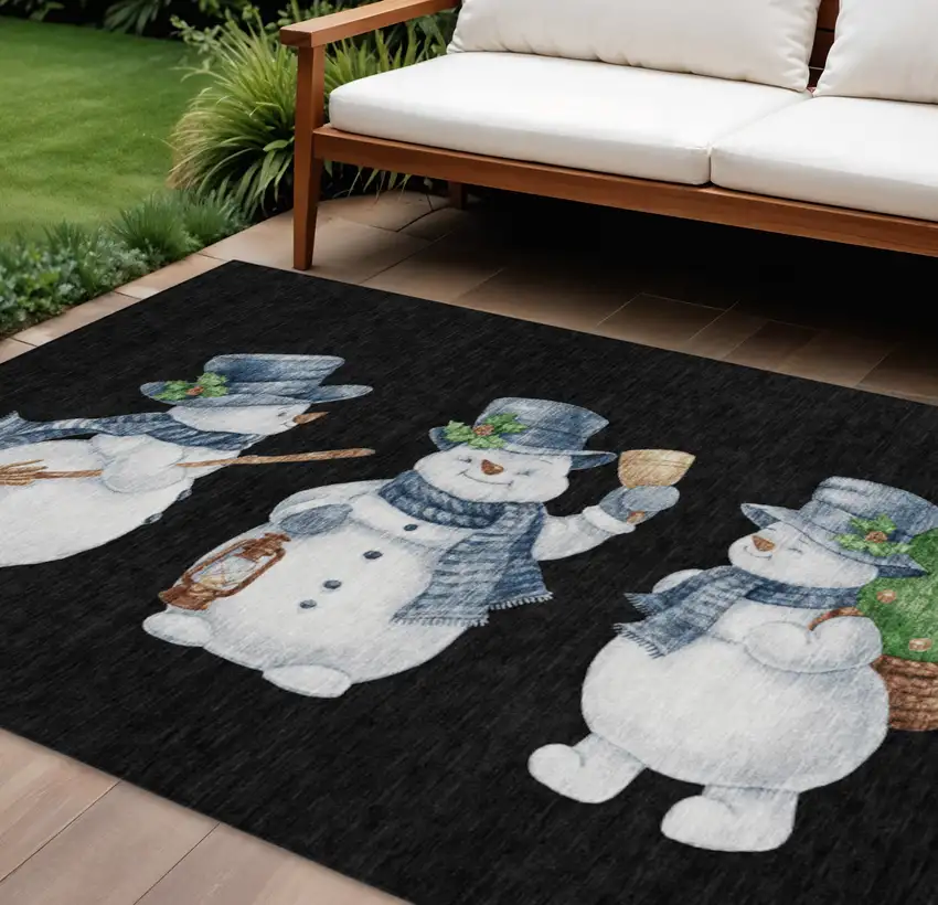 Black Denim Blue And Ivory Snowmen Washable Indoor Outdoor Area Rug Photo 1