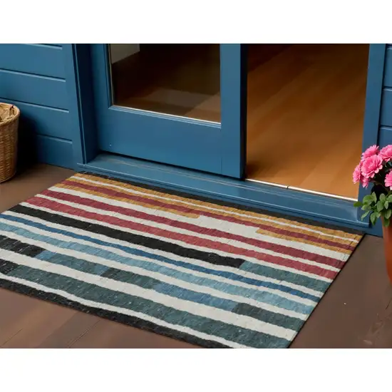 Black Denim Blue And Merlot Striped Washable Indoor Outdoor Area Rug Photo 2
