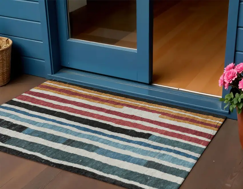 Black Denim Blue And Merlot Striped Washable Indoor Outdoor Area Rug Photo 2