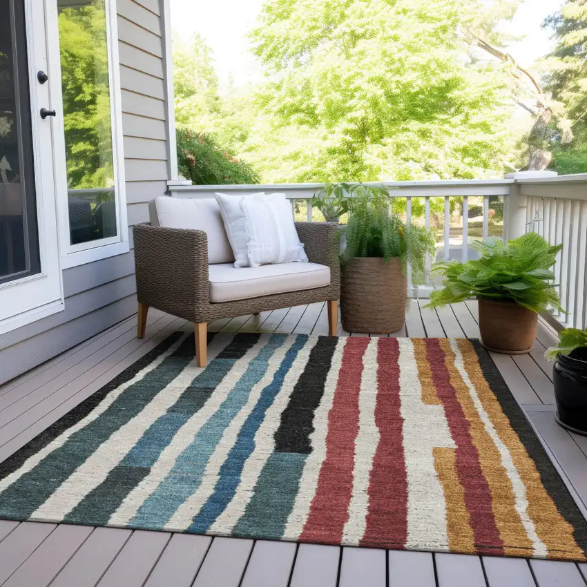 Black Denim Blue And Merlot Striped Washable Indoor Outdoor Area Rug Photo 7