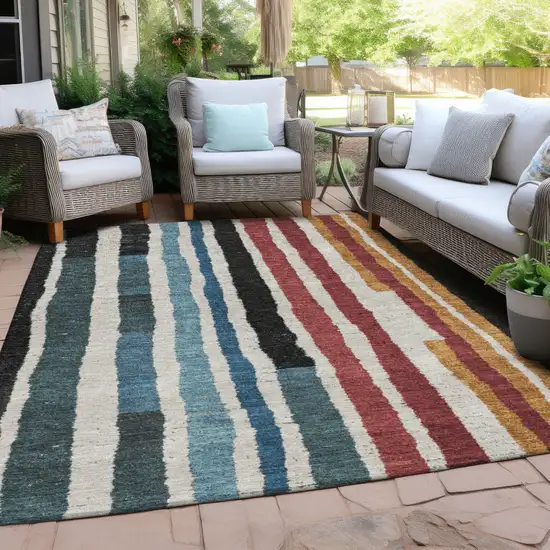 Black Denim Blue And Merlot Striped Washable Indoor Outdoor Area Rug Photo 4