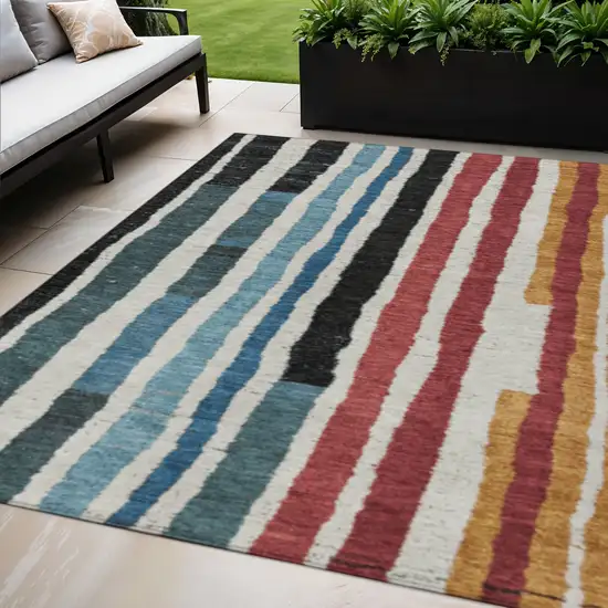 Black Denim Blue And Merlot Striped Washable Indoor Outdoor Area Rug Photo 2