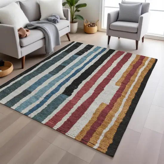 Black Denim Blue And Merlot Striped Washable Indoor Outdoor Area Rug Photo 5