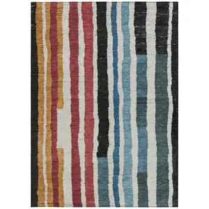 Photo of Black Denim Blue And Merlot Striped Washable Indoor Outdoor Area Rug