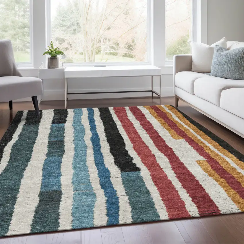 Black Denim Blue And Merlot Striped Washable Indoor Outdoor Area Rug Photo 6