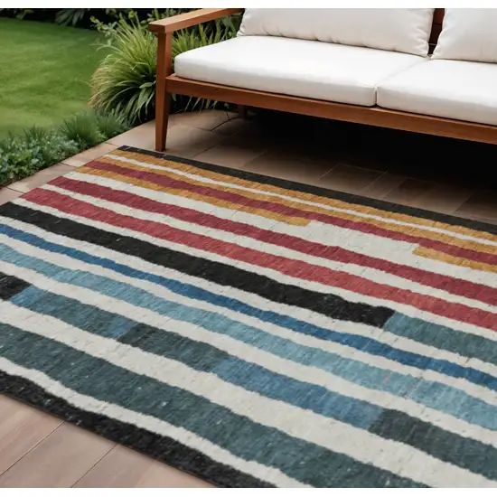 Black Denim Blue And Merlot Striped Washable Indoor Outdoor Area Rug Photo 2