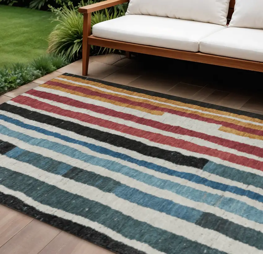 Black Denim Blue And Merlot Striped Washable Indoor Outdoor Area Rug Photo 2
