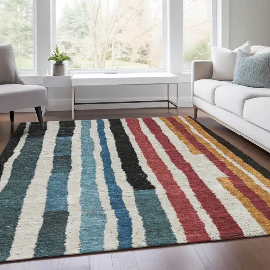 Black Denim Blue And Merlot Striped Washable Indoor Outdoor Area Rug Photo 6