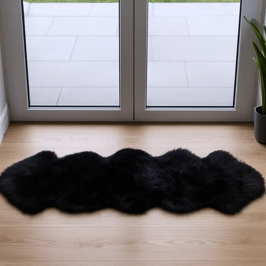 6' Black Genuine Sheepskin Animal Print Shag Area Rug Photo 1