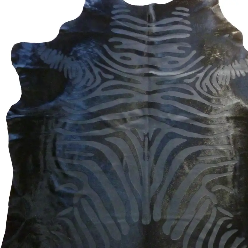 6 Ft Black Etched Zebra Stenciled Cowhide Rug Photo 3