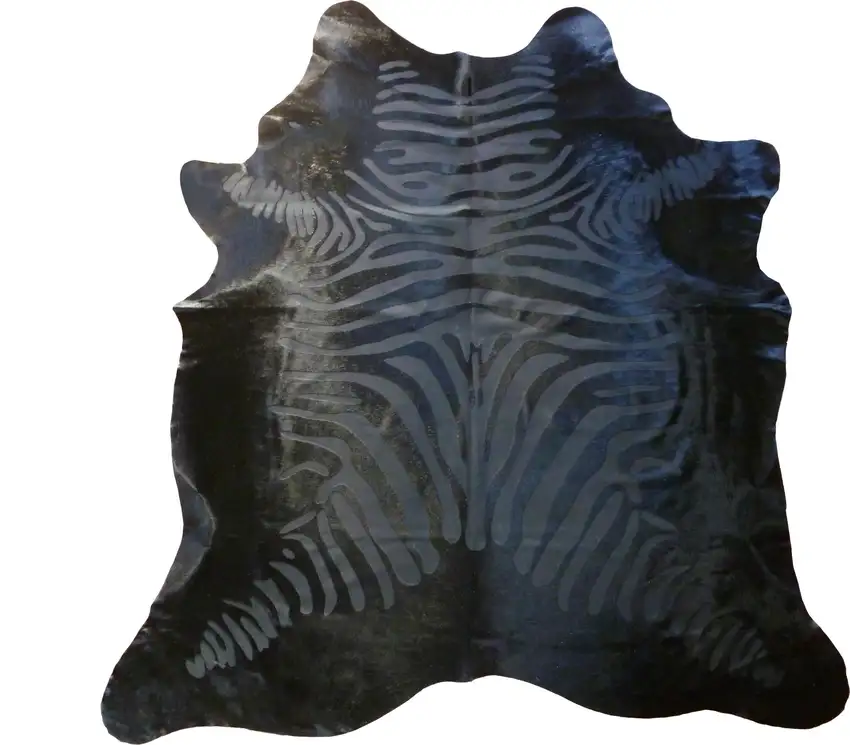 6 Ft Black Etched Zebra Stenciled Cowhide Rug Photo 4