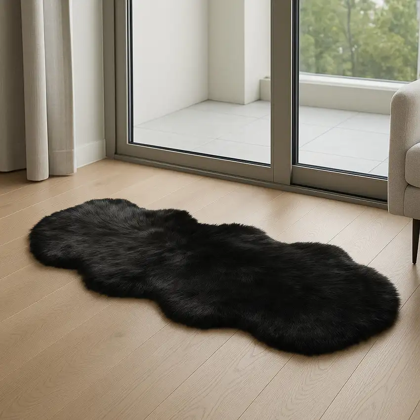 Black Faux Fur Washable Non Skid Area Rug Photo 1