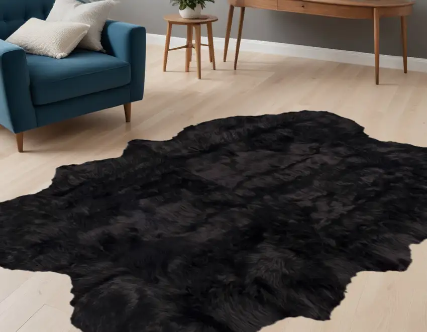Black Faux Fur Washable Non Skid Area Rug Photo 1