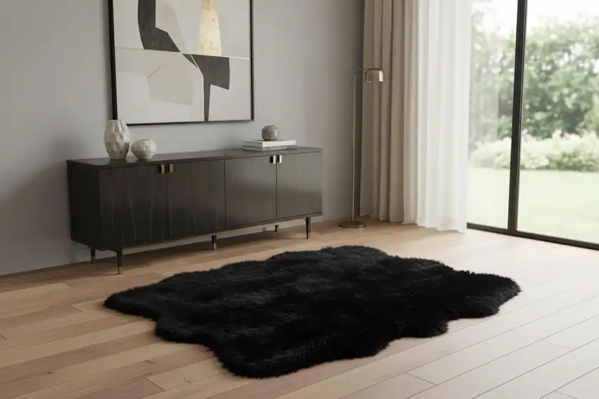 Black Faux Fur Washable Non Skid Area Rug Photo 1