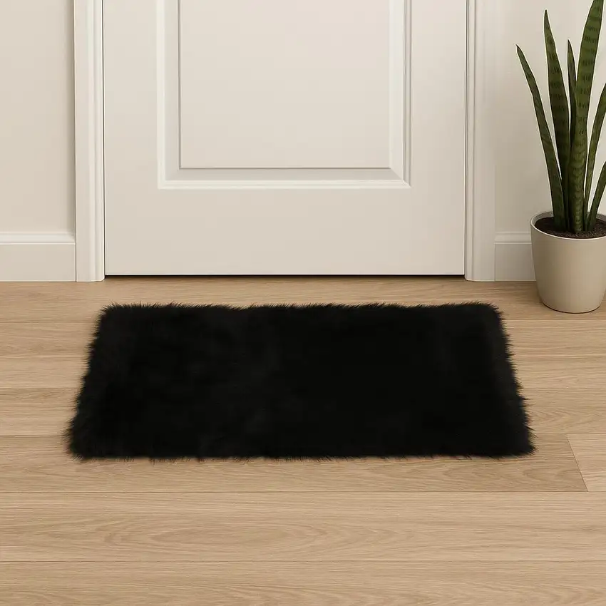 Black Faux Fur Animal Print Area Rug Photo 3