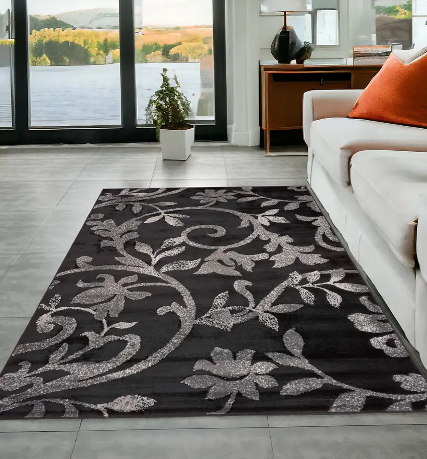 Black Gray and White Floral Vines Area Rug Photo 2