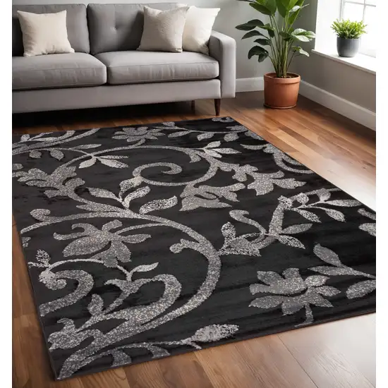 Black Gray and White Floral Vines Area Rug Photo 1