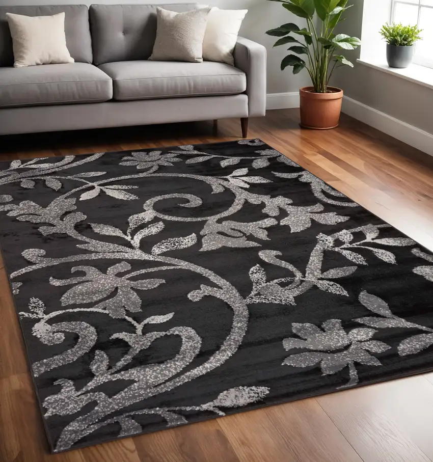 Black Gray and White Floral Vines Area Rug Photo 1