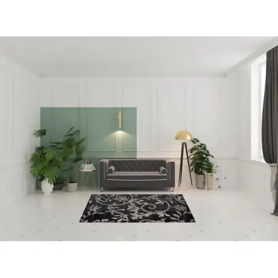 Black Gray and White Floral Vines Area Rug Photo 9