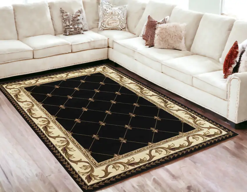 Black Fleur De Lis Diamond Bordered Indoor Area Rug Photo 1