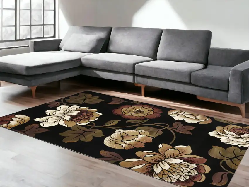 Black and Tan Floral Area Rug Photo 1