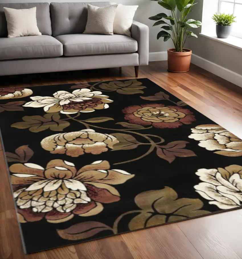 Black Tan And Ivory Floral Area Rug Photo 1