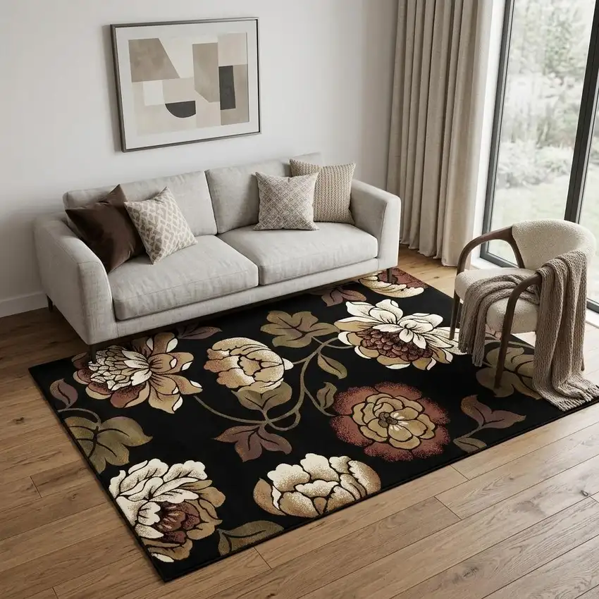 Black Tan And Ivory Floral Area Rug Photo 1