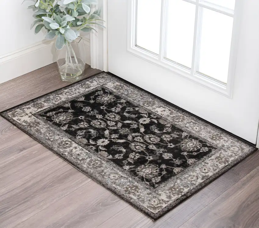 Ivory Black and Gray Floral Power Loom Area Rug Photo 1