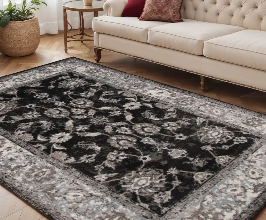 Ivory Black and Gray Floral Power Loom Area Rug Photo 1