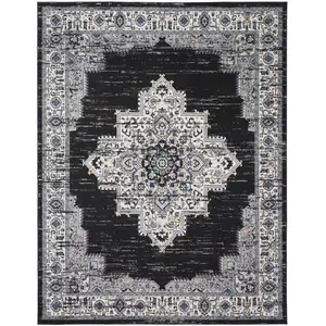 Photo of Black Floral Power Loom Distressed Area Rug