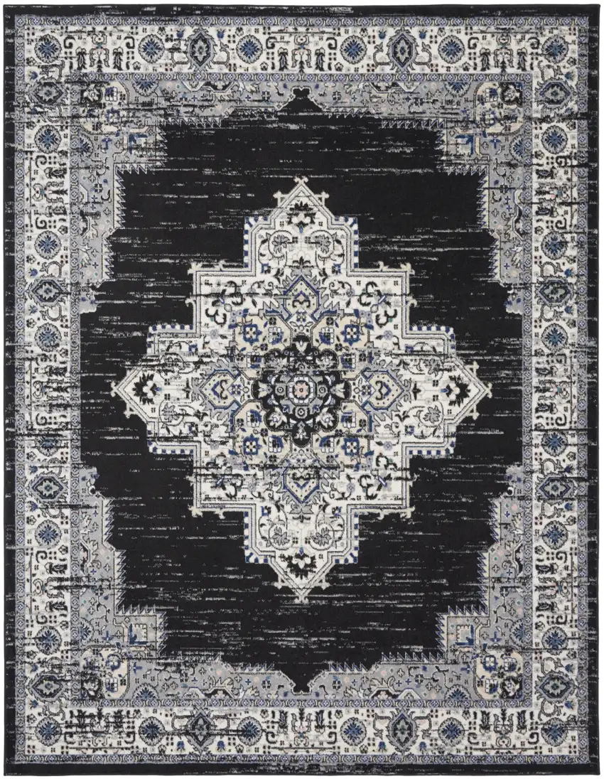 Black Floral Power Loom Distressed Area Rug Photo 1