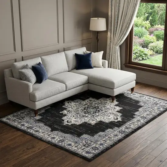 Black Floral Power Loom Distressed Area Rug Photo 1