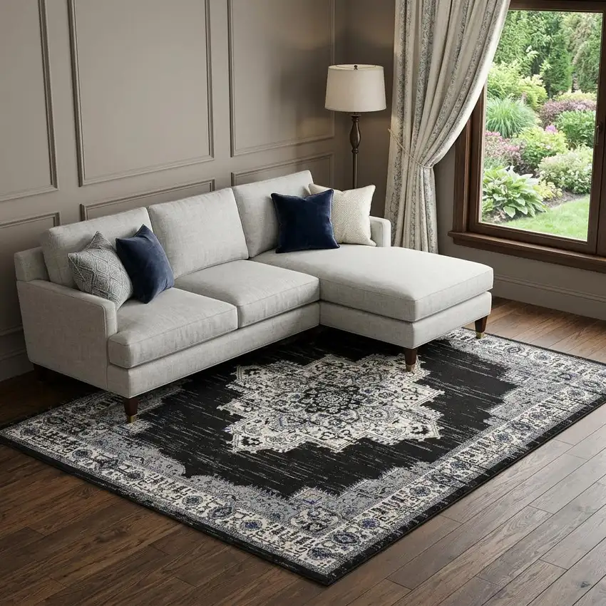 Black Floral Power Loom Distressed Area Rug Photo 1