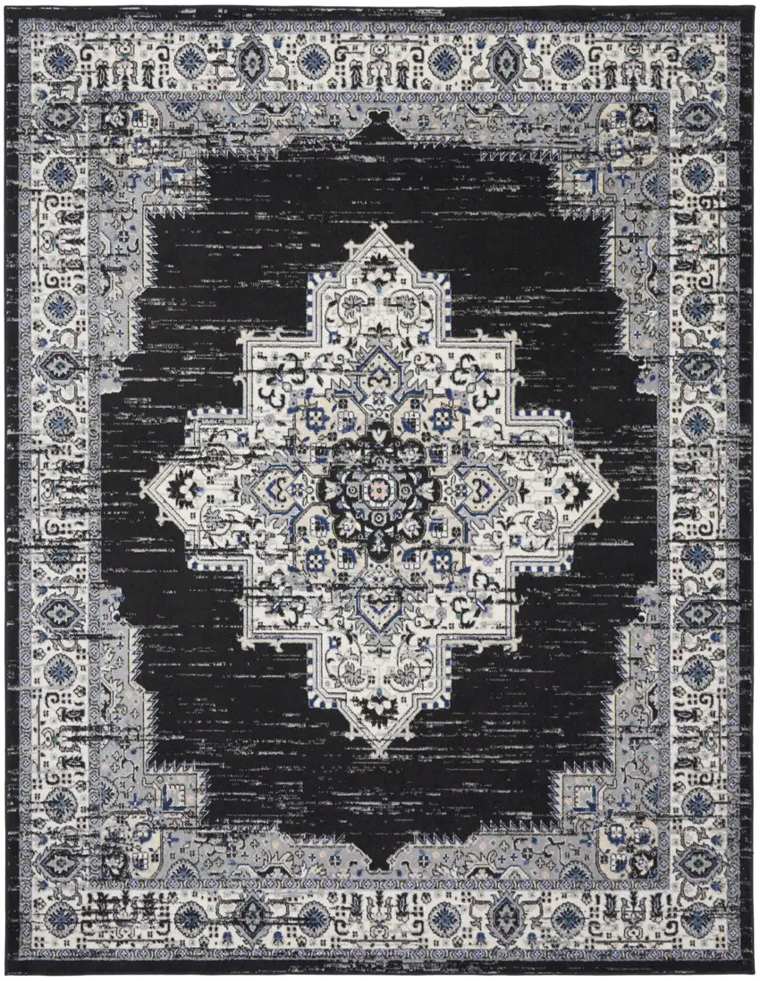 Black Floral Power Loom Distressed Area Rug Photo 2