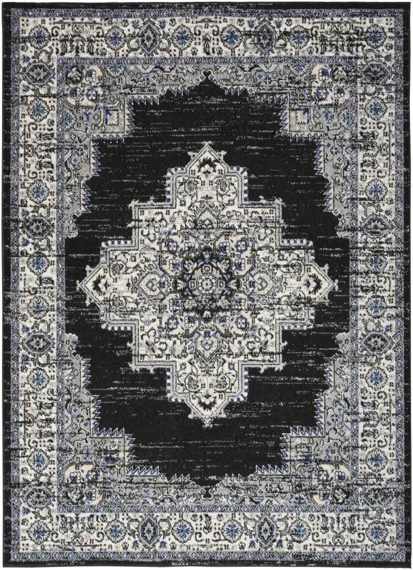 Black Floral Power Loom Distressed Area Rug Photo 1