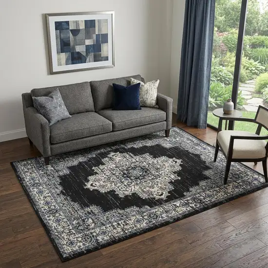 Black Floral Power Loom Distressed Area Rug Photo 1