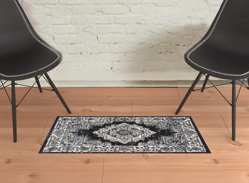 Black Floral Power Loom Distressed Area Rug Photo 2