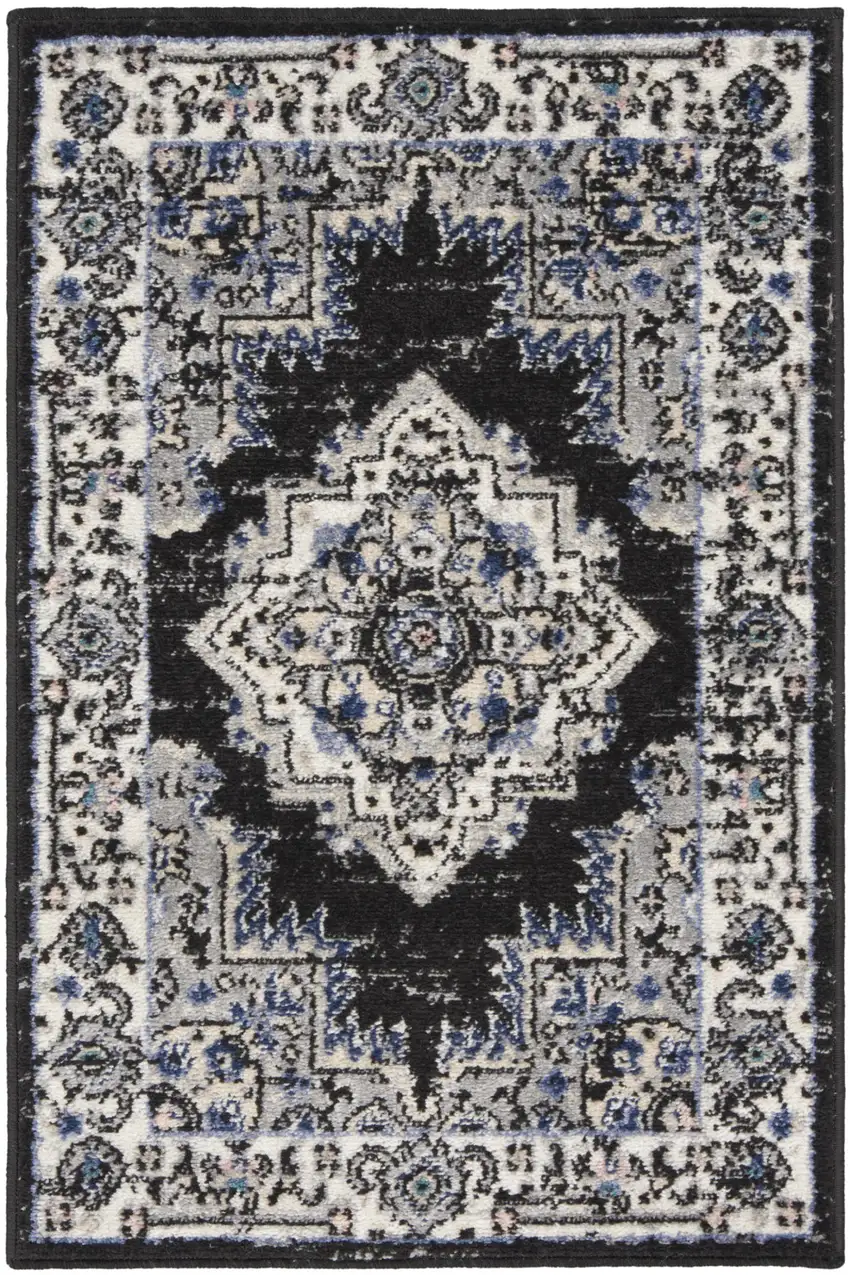 Black Floral Power Loom Distressed Area Rug Photo 1