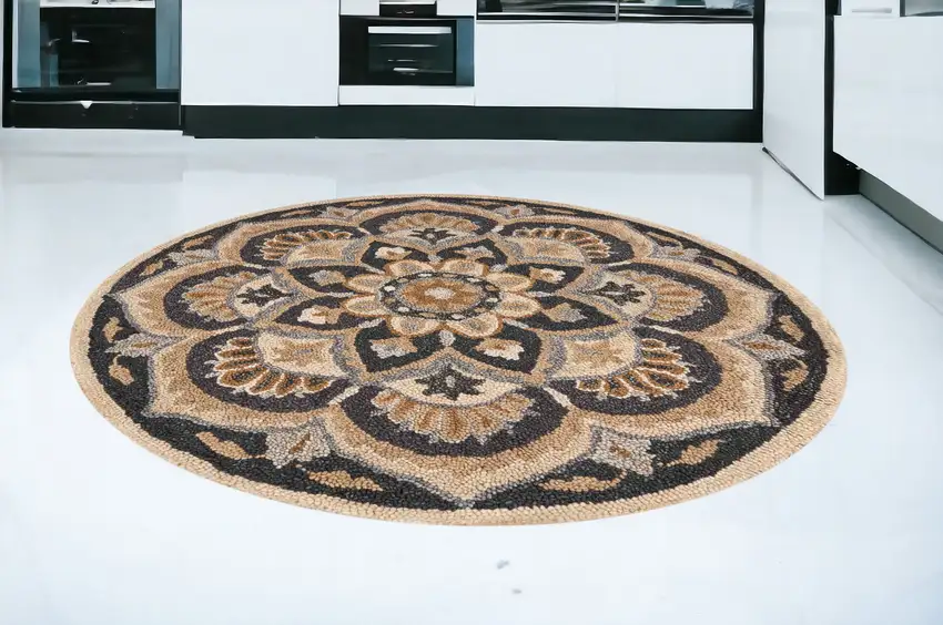 6' Black and Tan Round Wool Floral Medallion Hand Tufted Area Rug Photo 1