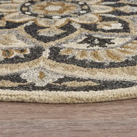 6' Black and Tan Round Wool Floral Medallion Hand Tufted Area Rug Photo 9