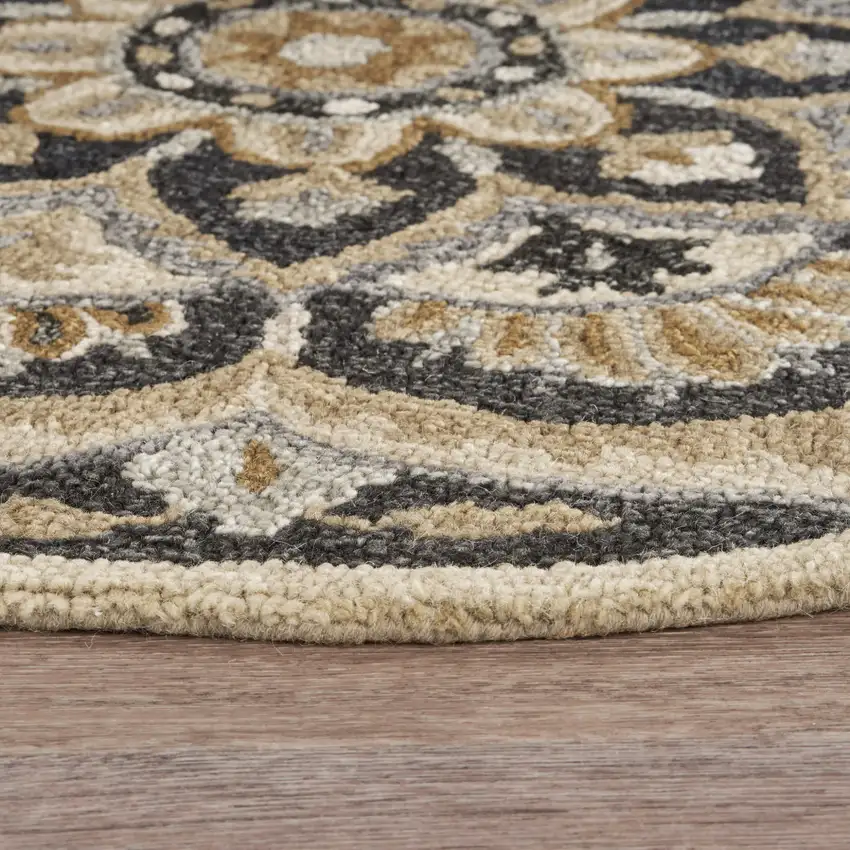 6' Black and Tan Round Wool Floral Medallion Hand Tufted Area Rug Photo 9