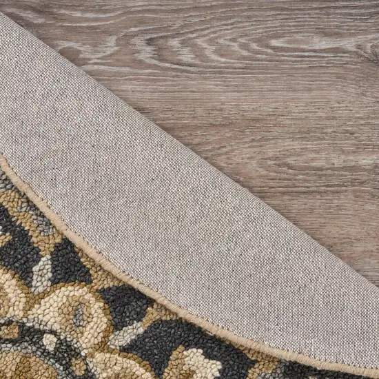 6' Black and Tan Round Wool Floral Medallion Hand Tufted Area Rug Photo 7