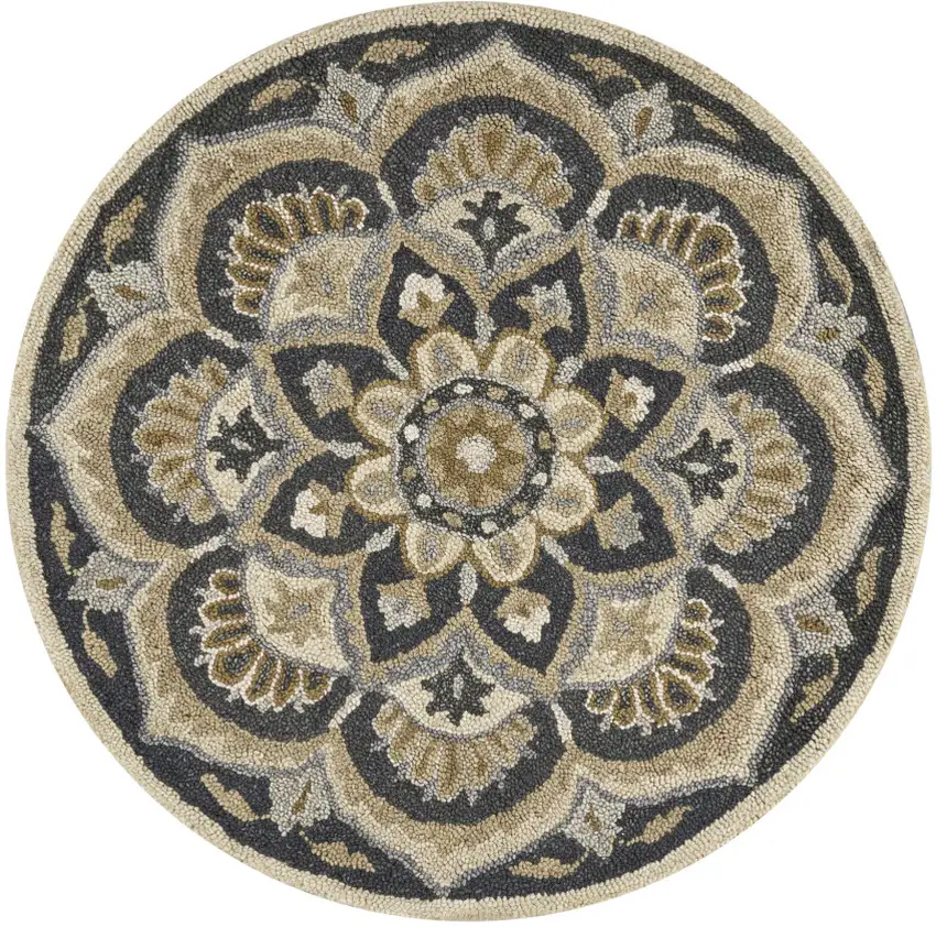 6' Black and Tan Round Wool Floral Medallion Hand Tufted Area Rug Photo 3