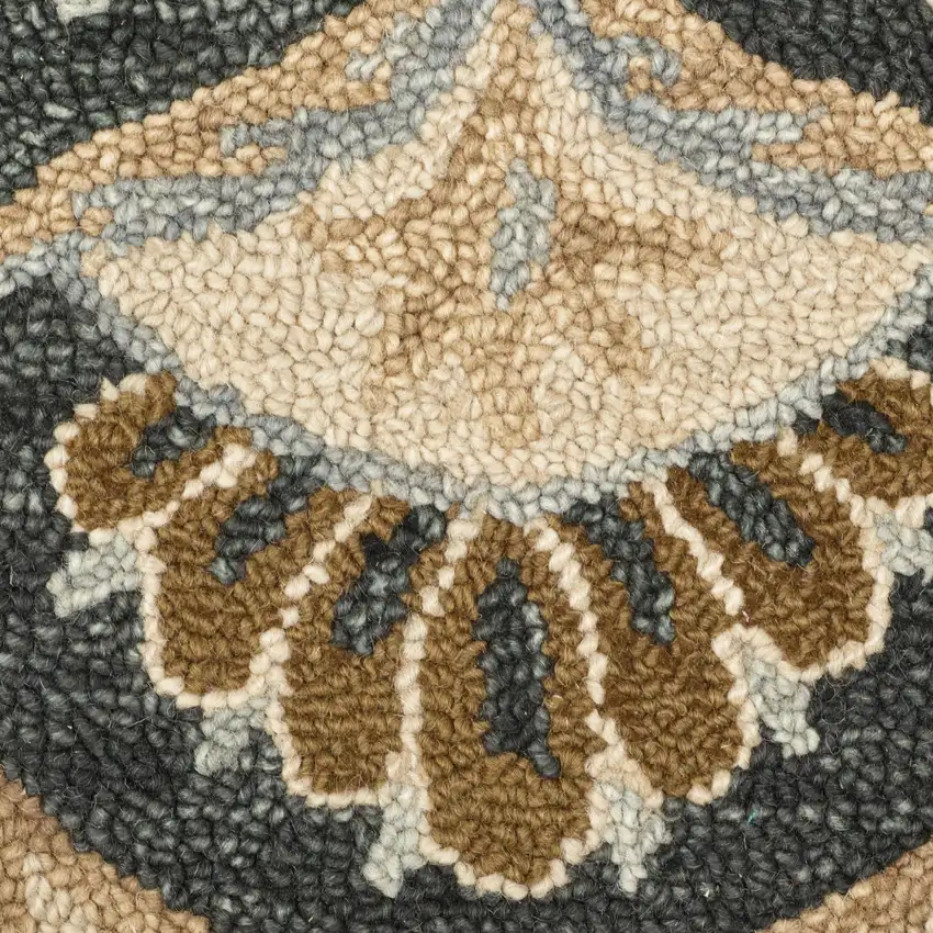 6' Black and Tan Round Wool Floral Medallion Hand Tufted Area Rug Photo 8