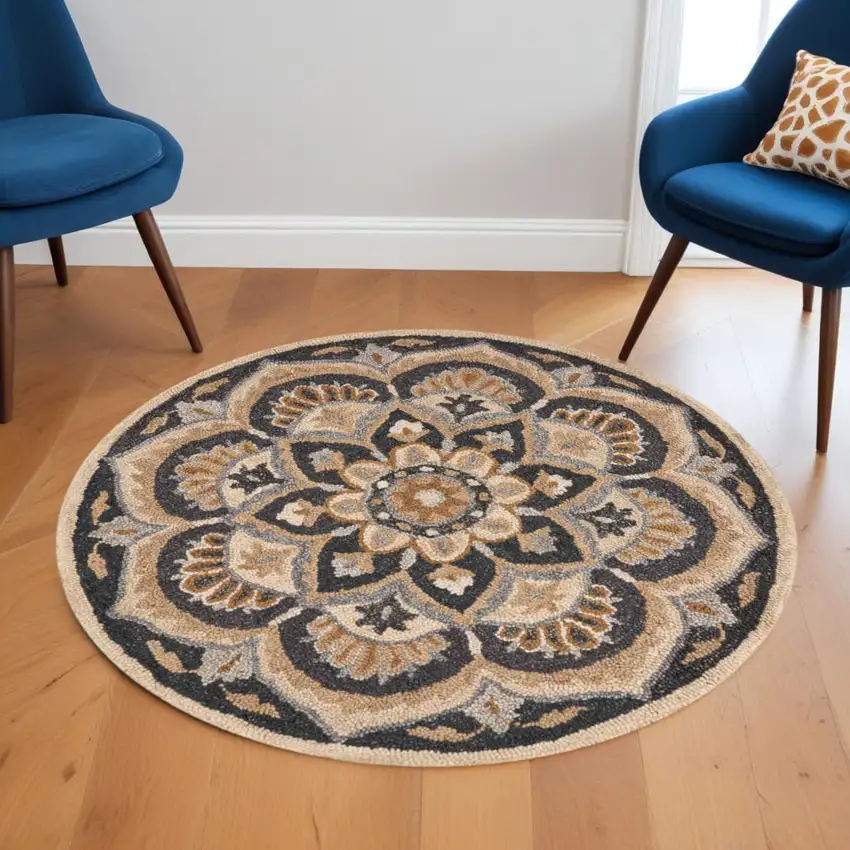 6' Black and Tan Round Wool Floral Medallion Hand Tufted Area Rug Photo 1