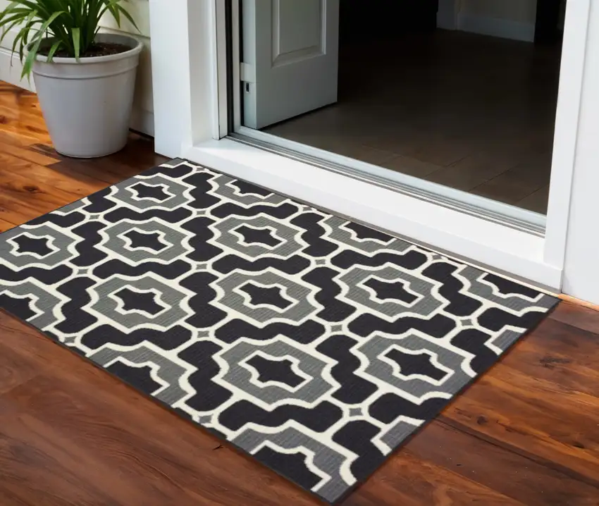 Black and Gray Geometric Stain Resistant Indoor Outdoor Area Rug Photo 1