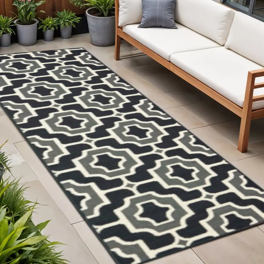 Black and Gray Geometric Stain Resistant Indoor Outdoor Area Rug Photo 1